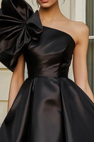 Load image into Gallery viewer, Black A Line Short Satin Homecoming Dress with Ruffles