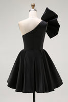 Load image into Gallery viewer, Black A Line Short Satin Homecoming Dress with Ruffles