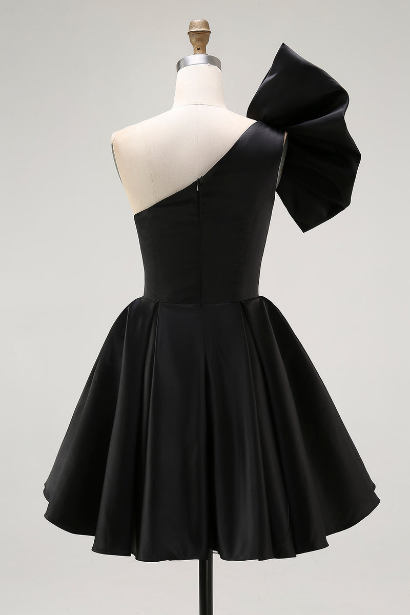 Load image into Gallery viewer, Black Satin A Line Short Homecoming Dress with Ruffles