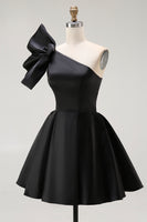 Load image into Gallery viewer, Black Satin A Line Short Homecoming Dress with Ruffles