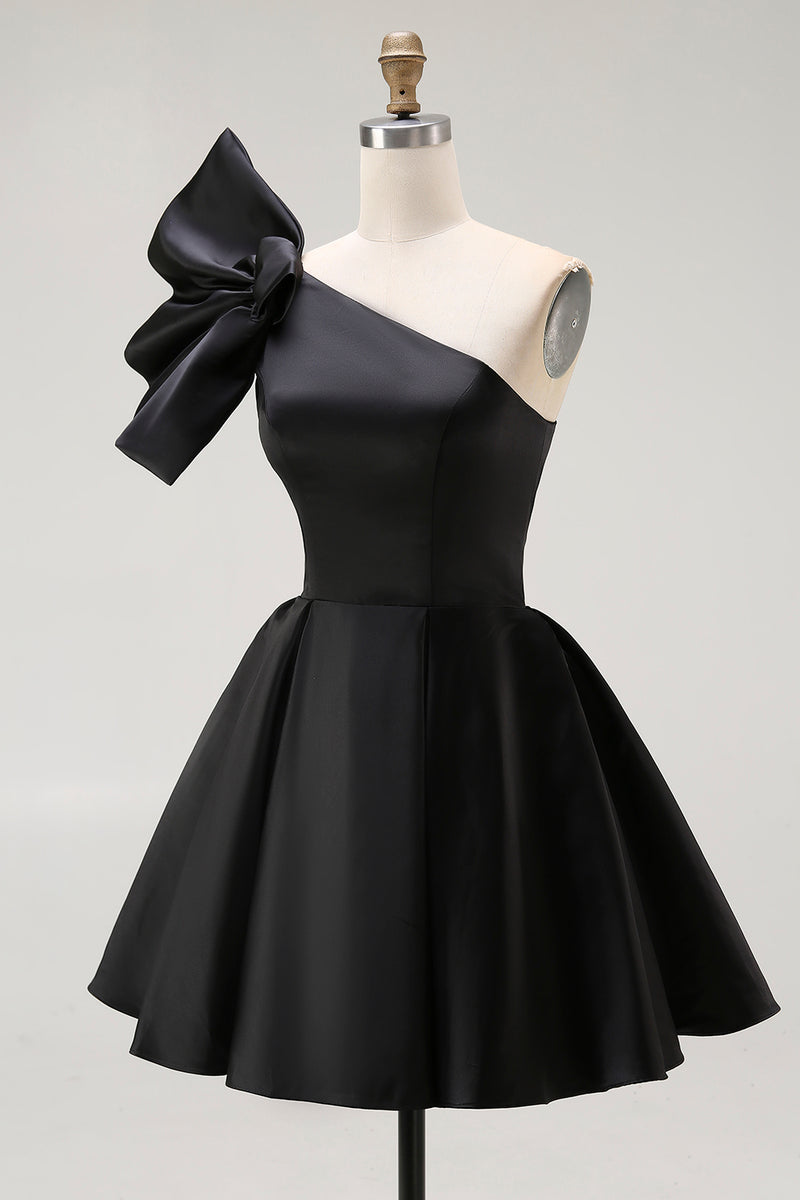Load image into Gallery viewer, Black Satin A Line Short Homecoming Dress with Ruffles