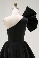 Load image into Gallery viewer, Black Satin A Line Short Homecoming Dress with Ruffles