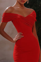 Load image into Gallery viewer, Red Off the Shoulder Tight Short Ruched Homecoming Dress