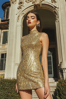 Load image into Gallery viewer, Sparkly Gold High Neck Sequins Tight Short Homecoming Dress