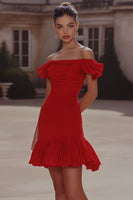 Load image into Gallery viewer, Red Tight Short Off the Shoulder Ruched Homecoming Dress