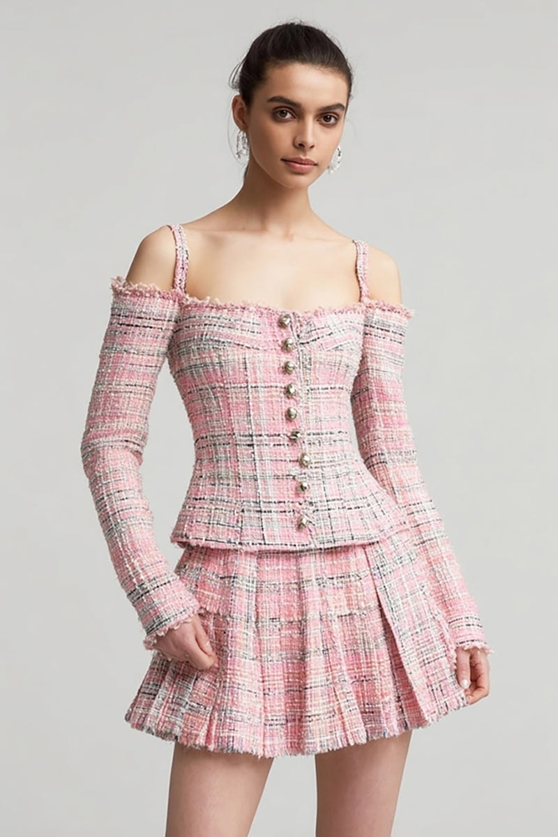 Load image into Gallery viewer, 2 Piece Pink Tweed Plaid Cold Shoulder Blazer Short Homecoming Outfits