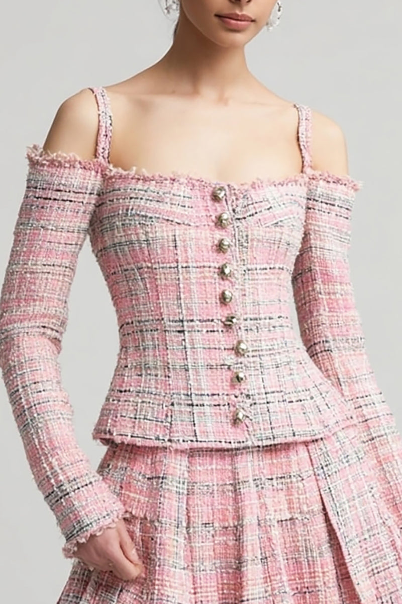 Load image into Gallery viewer, 2 Piece Pink Tweed Plaid Cold Shoulder Blazer Short Homecoming Outfits