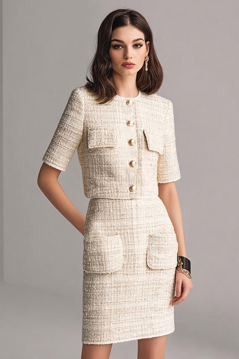 Load image into Gallery viewer, Ivory Tweed 2 Piece Pencil Blazer Short Homecoming Outfits