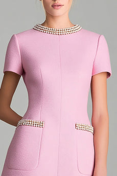 Pink Tweed Short Sleeves Homecoming Outfits with Pearls