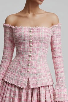2 Piece Pink Tweed Off the Shoulder Blazer Short Homecoming Outfits