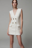 Load image into Gallery viewer, Ivory Tweed Tight Buttons Short Homecoming Outfits with Pockets