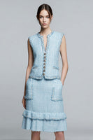 Load image into Gallery viewer, 2 Piece Sky Blue Tweed Buttons Blazer Homecoming Outfits with Ruffles