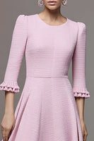 Load image into Gallery viewer, Pink Tweed A Line Ruffled Midi Homecoming Outfits with Sleeves