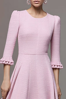 Pink Tweed A Line Ruffled Midi Homecoming Outfits with Sleeves