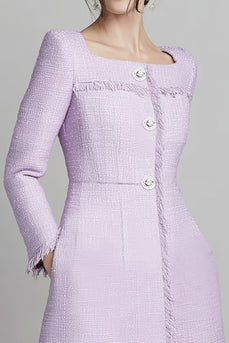 Lilac Tweed Square Neck A Line Midi Homecoming Outfits with Buttons