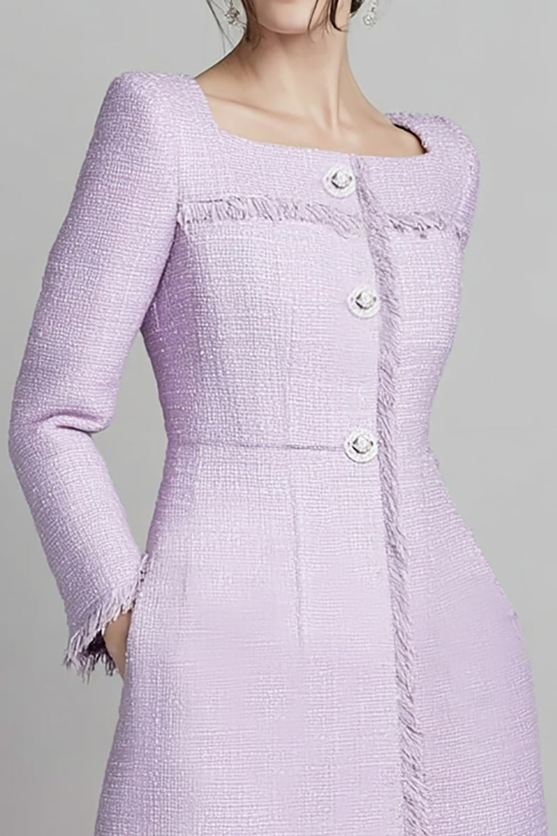 Load image into Gallery viewer, Lilac Tweed Square Neck A Line Midi Homecoming Outfits with Buttons