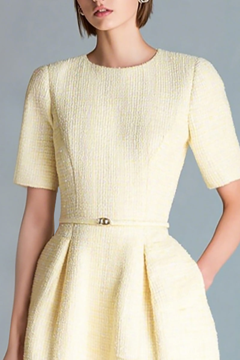 Load image into Gallery viewer, Light Yellow Round Neck Tweed A Line Homecoming Outfits