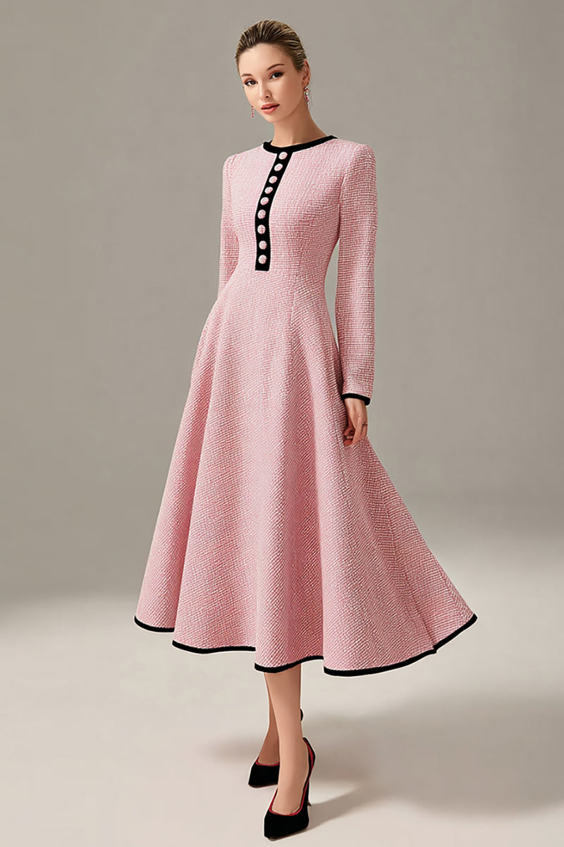 Load image into Gallery viewer, Pink Tweed A Line Midi Homecoming Outfits with Buttons