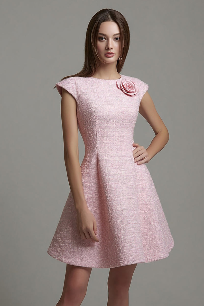 Load image into Gallery viewer, Pink Tweed Cap Sleeves A Line Short Homecoming Outfits with 3D Flowers