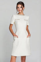 Load image into Gallery viewer, Queendancer Women Ivory Tweed Short Homecoming Outfits with Sleeves Pencil Round Neck Pageant Interview Outfits with Pockets