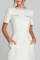 Load image into Gallery viewer, Ivory Tweed Pencil Round Neck Pockets Short Homecoming Outfits with Sleeves