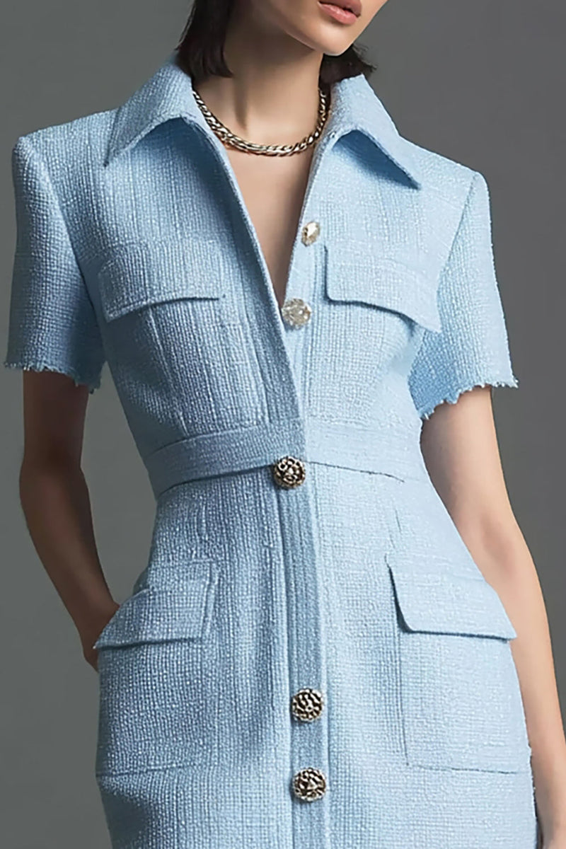 Load image into Gallery viewer, Sky Blue Tweed Short Sleeves Tight Homecoming Outfits with Buttons