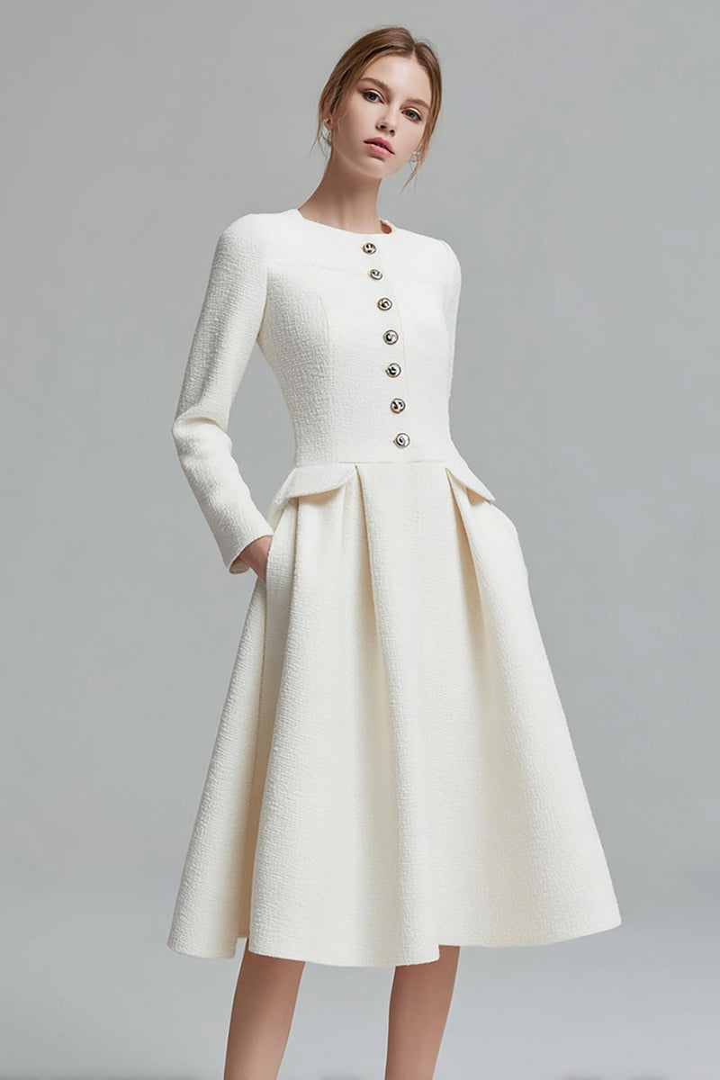 Load image into Gallery viewer, Ivory Tweed A Line Long Sleeves Midi Pageant Interview Dress with Pockets