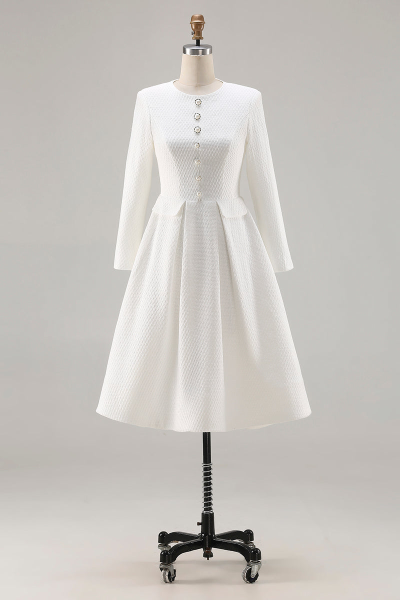 Queendancer Women Ivory Tweed Midi Pageant Interview Dress A Line Long  Sleeves Round Neck Work Dress with Pockets – queendancer
