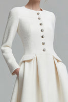 Load image into Gallery viewer, Ivory Tweed A Line Long Sleeves Midi Pageant Interview Dress with Pockets
