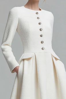 Ivory Tweed A Line Long Sleeves Midi Pageant Interview Dress with Pockets