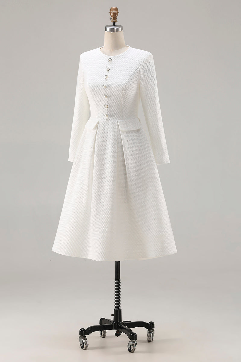 Queendancer Women Ivory Tweed Midi Pageant Interview Dress A Line Long Sleeves Round Neck Work Dress with Pockets queendancer Queendancer Women Ivory Tweed Midi Pageant Interview Dress A Line Long Sleeves Round Neck Work Dress with Pockets queendancer