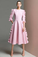 Load image into Gallery viewer, Pink Half Sleeves Tweed Midi Homecoming Dress with Ruffles