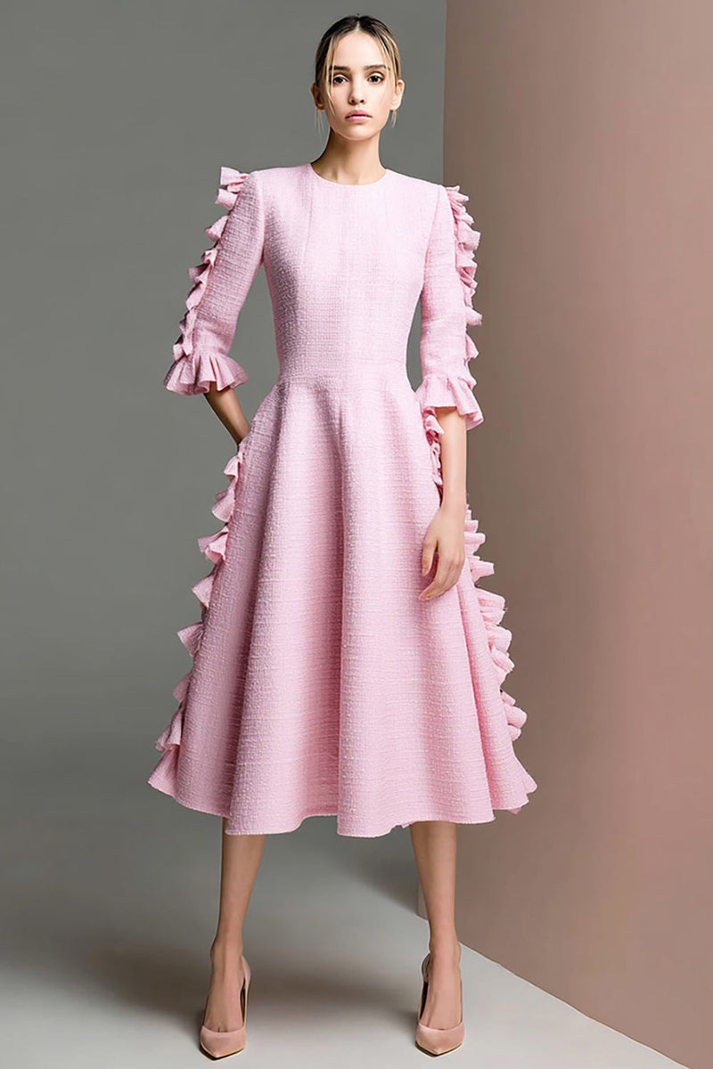 Load image into Gallery viewer, Pink Half Sleeves Tweed Midi Homecoming Dress with Ruffles