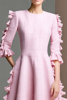 Pink Half Sleeves Tweed Midi Homecoming Dress with Ruffles