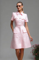 Load image into Gallery viewer, Pink Short Sleeves Tweed Homecoming Dress with Buttons