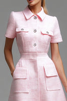 Load image into Gallery viewer, Pink Short Sleeves Tweed Homecoming Dress with Buttons