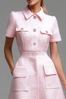 Pink Short Sleeves Tweed Homecoming Dress with Buttons