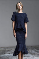 Load image into Gallery viewer, Navy Tweed 2 Piece Midi Homecoming Outfits with Ruffles