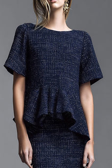 Navy Tweed 2 Piece Midi Homecoming Outfits with Ruffles