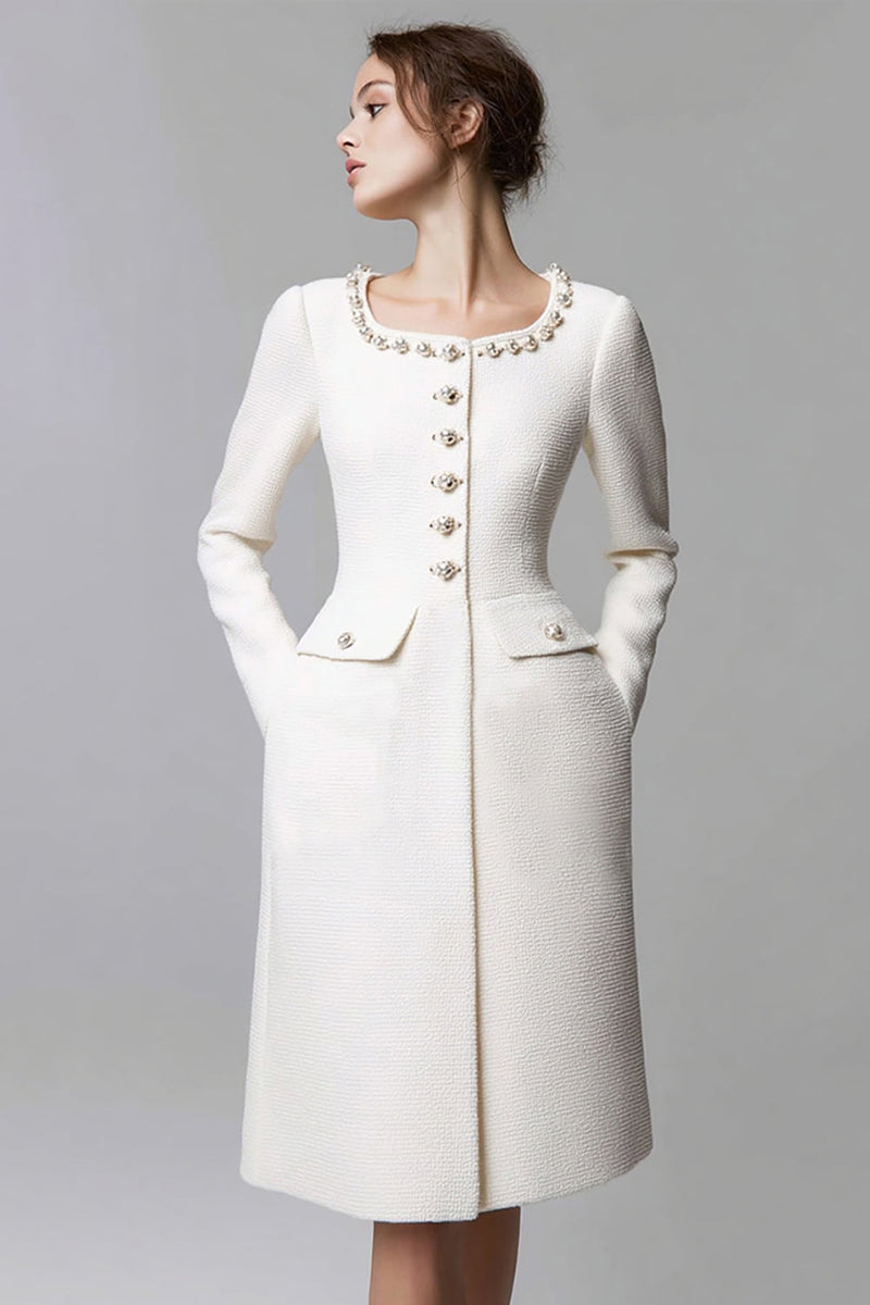 Load image into Gallery viewer, Ivory Tweed Scoop Neck Tight Short Pageant Interview Dress with Pearls