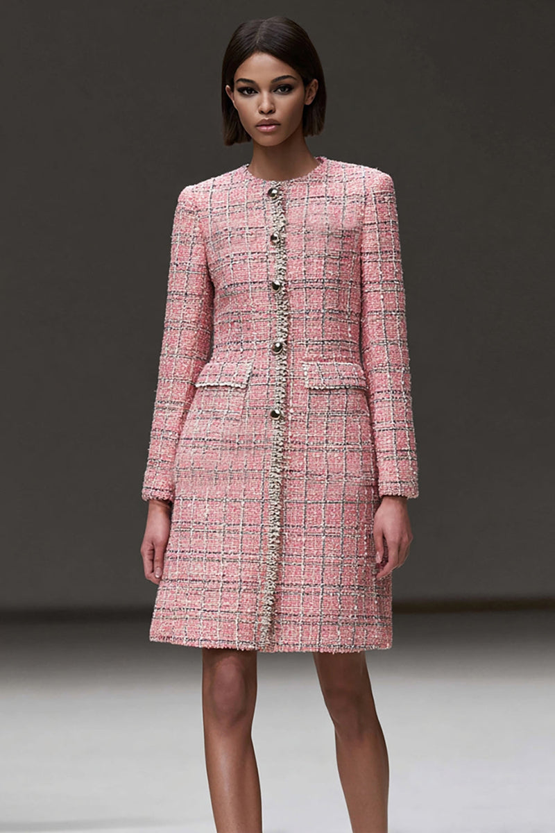Load image into Gallery viewer, Pink Tweed Plaid Tight Short Homecoming Dress with Sleeves