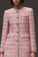Load image into Gallery viewer, Pink Tweed Plaid Tight Short Homecoming Dress with Sleeves