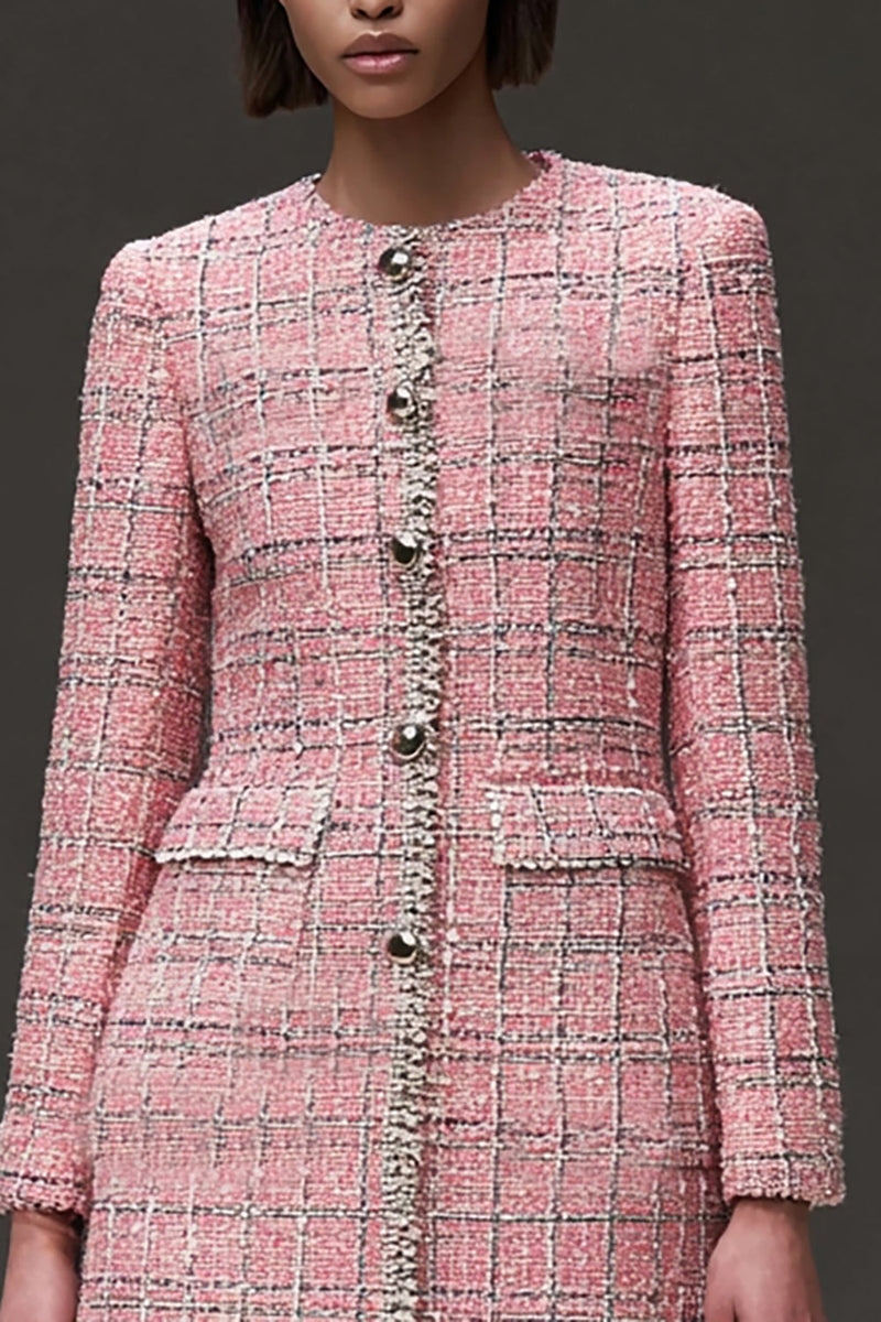 Load image into Gallery viewer, Pink Tweed Plaid Tight Short Homecoming Dress with Sleeves