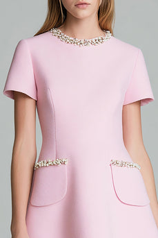 Pink Round Neck A Line Short Sleeves Homecoming Dress with Pearls