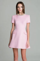 Load image into Gallery viewer, Pink Round Neck Short Sleeves A Line Homecoming Dress with Pearls