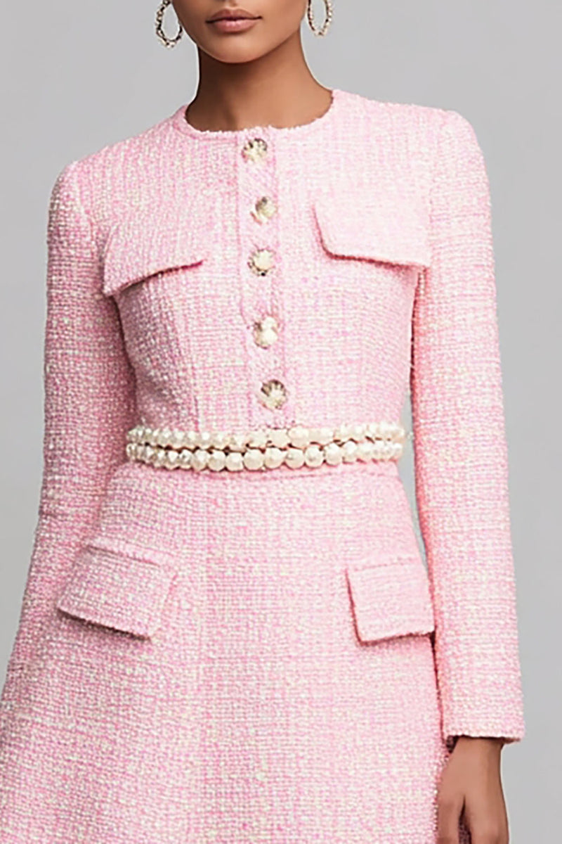Load image into Gallery viewer, Pink Tweed A Line Long Sleeves Single Breasted Short Homecoming Dress with Pearls