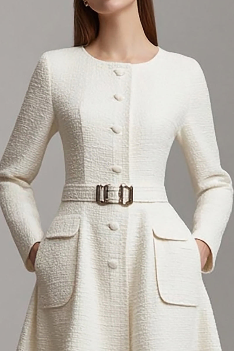 Load image into Gallery viewer, Ivory A Line Tweed Boat Neck Long Sleeves Midi Homecoming Outfits with Belt