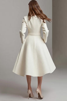 Queendancer Women Ivory Tweed Midi Homecoming Outfits with Belts A Line Long Sleeves Boat Neck Pageant Interview Dress with Pockets