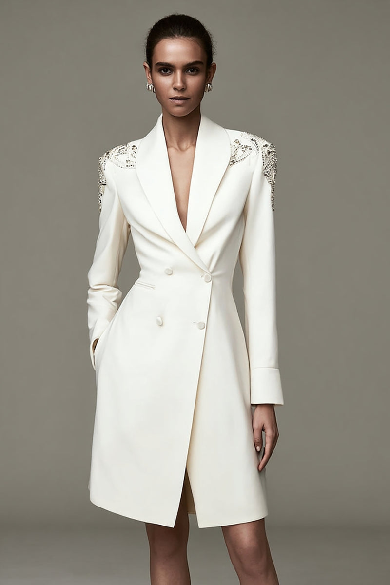 Load image into Gallery viewer, Ivory Satin Shawl Lapel Short Pencil Dress with Beading