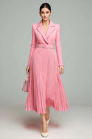 Load image into Gallery viewer, Pink A Line Pleated Midi Blazer Dress with Belt